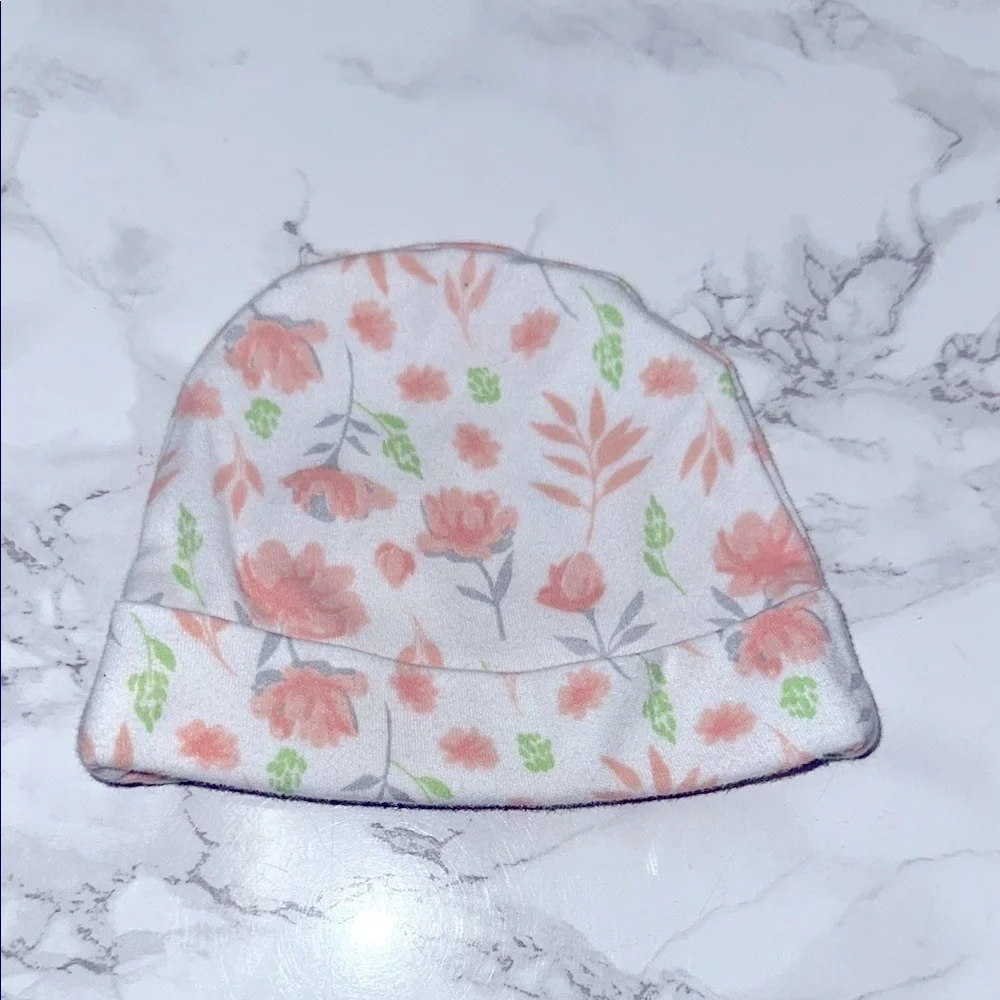 New beginnings Floral baby Beanie - Pink and Green size newborn 0-6 months